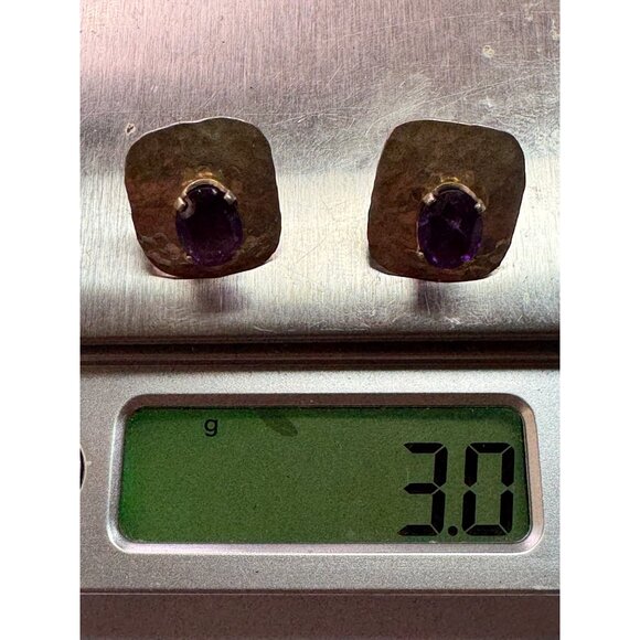 Estate Sterling Silver Hammered Stud Earrings with Purple Gemstones, 3.0g - Picture 8 of 8